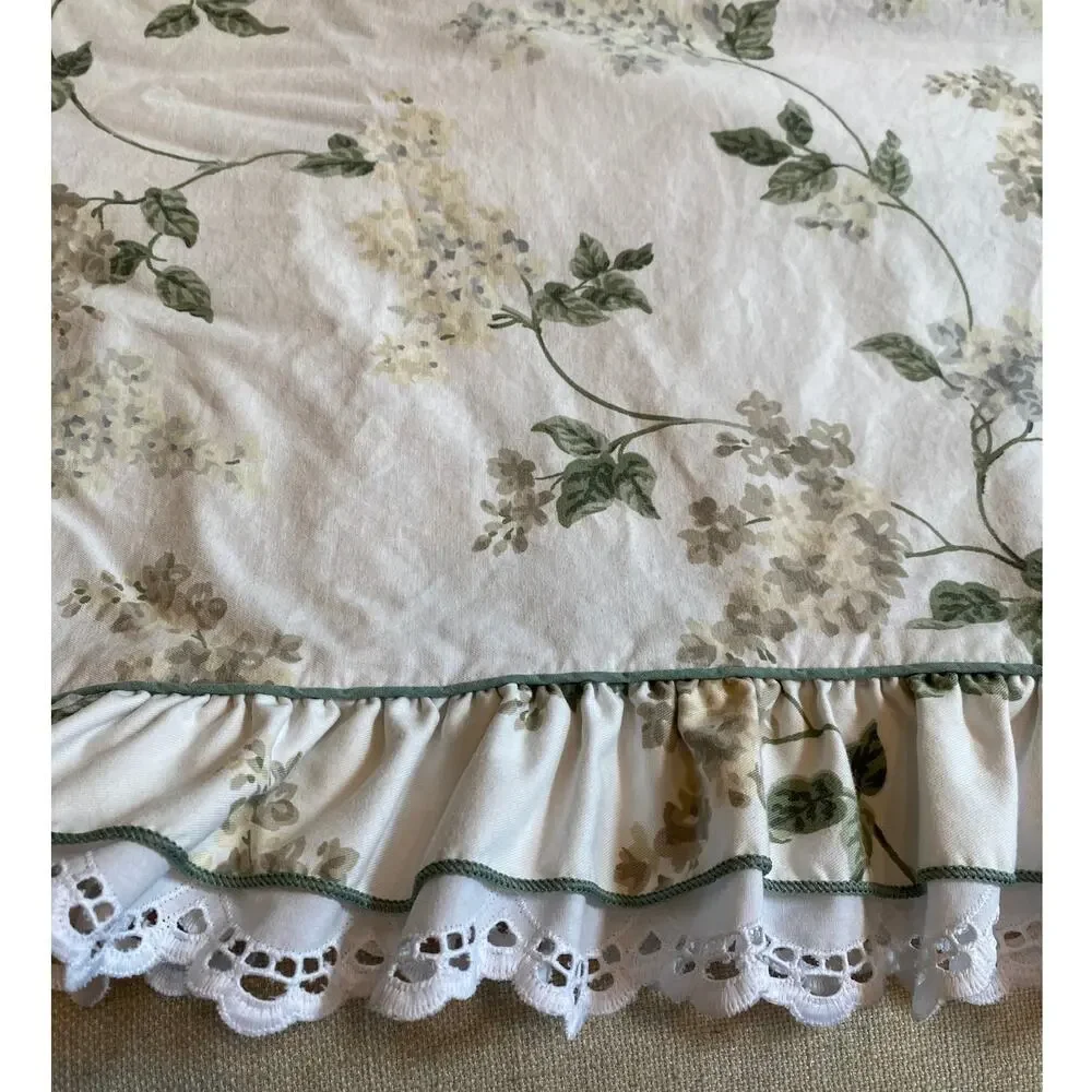 Vintage Waverly Flat Sheet Sage Hydrangea King Ruffles Eyelet 100% Cotton USA